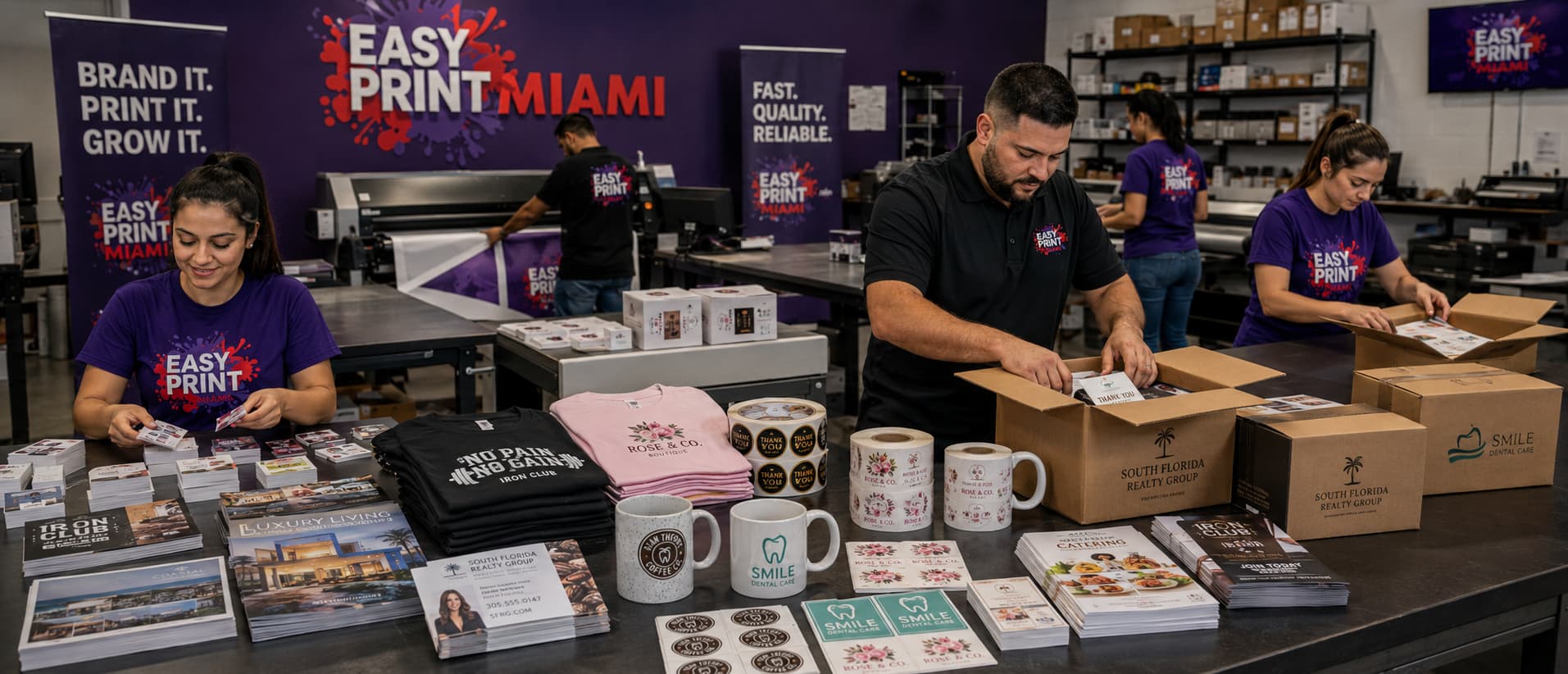 EasyPrintMiami team preparing printed products in the Miami shop