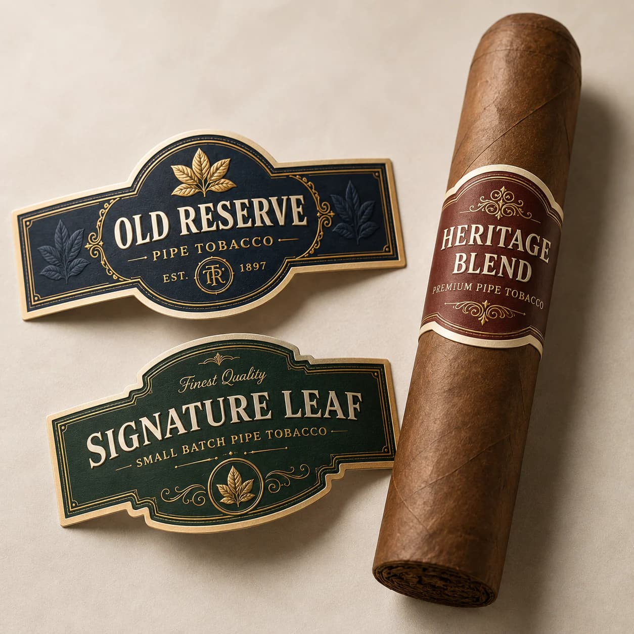 Custom printed cigar bands displayed with premium tobacco packaging