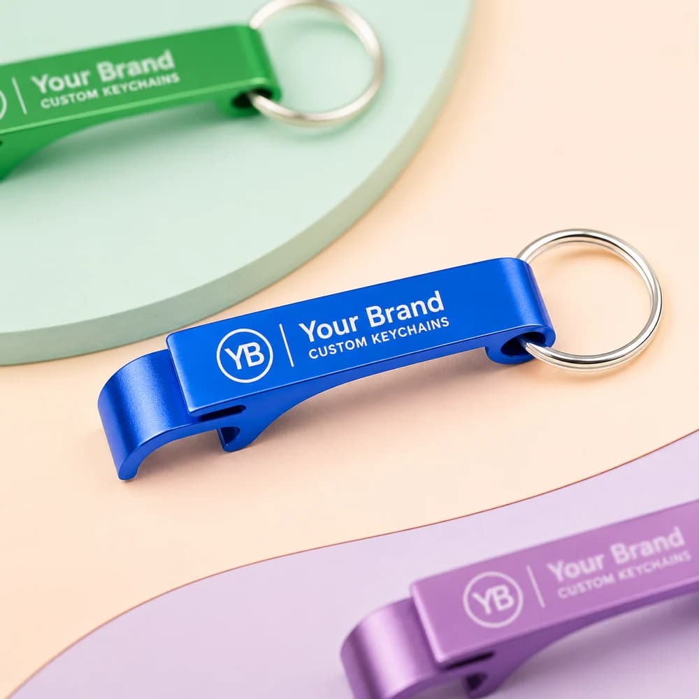 Custom bottle opener keychains in multiple colors